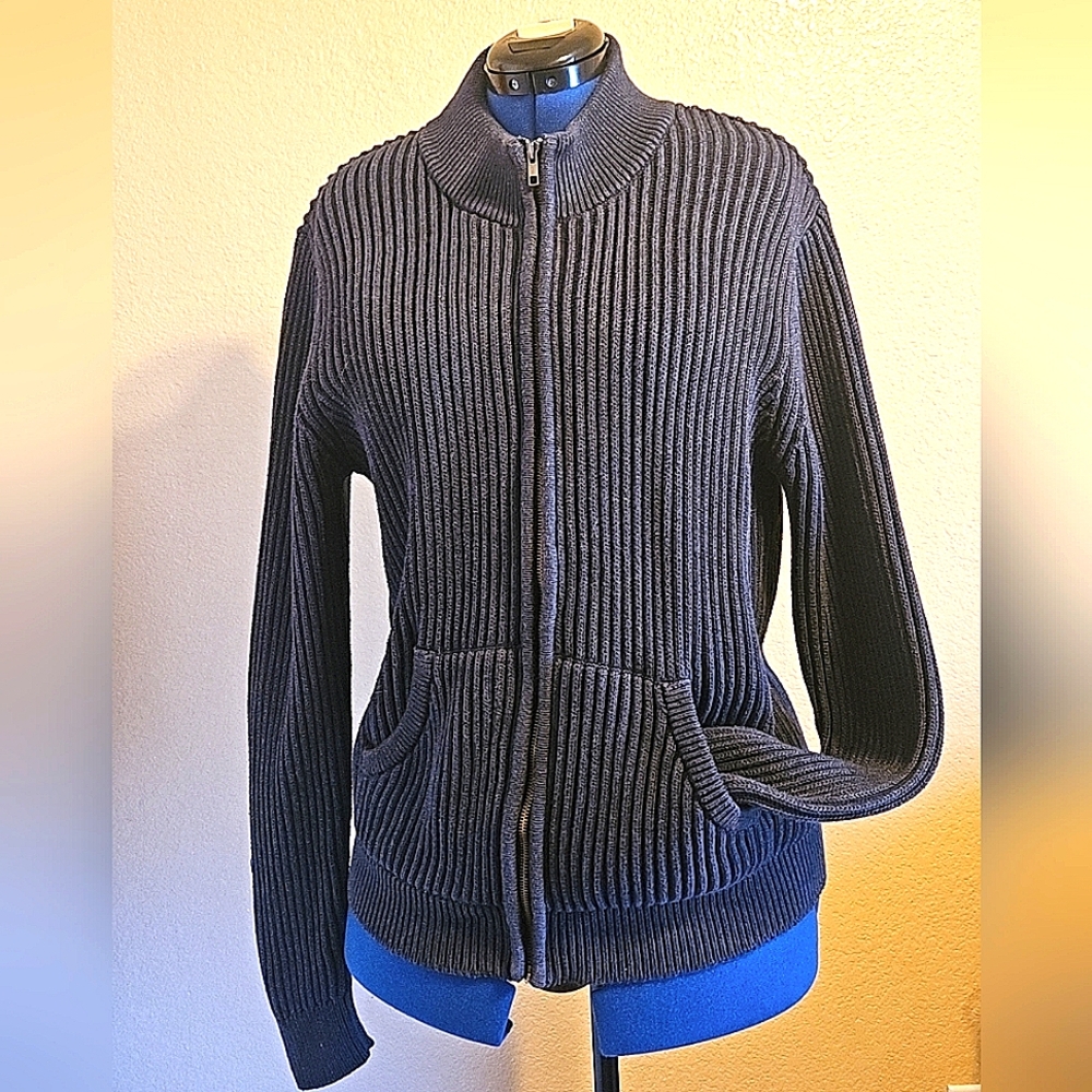 100% cotton navy blue zip up sweater size Large